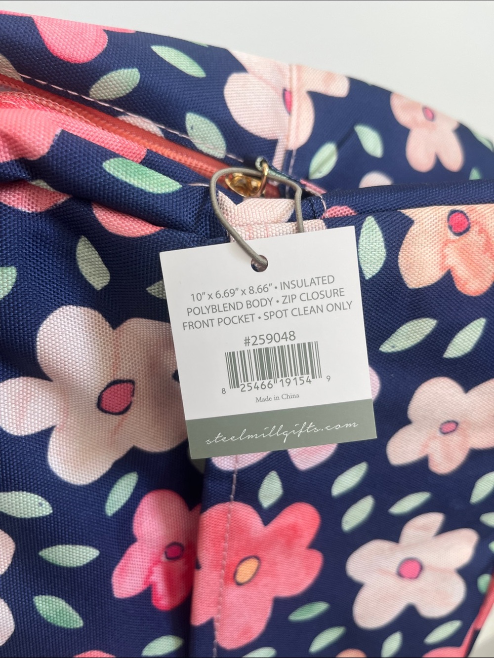 NWT Navy Floral Canvas Lunch Bag / Tote with Coral Handles - Picture 4 of 5